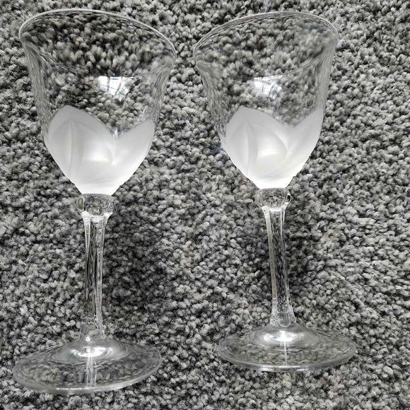 2 Vintg JG Durand Signed FLORENCE Frosted Crystal Goblets Drink Glasses Stemware - Picture 2 of 6